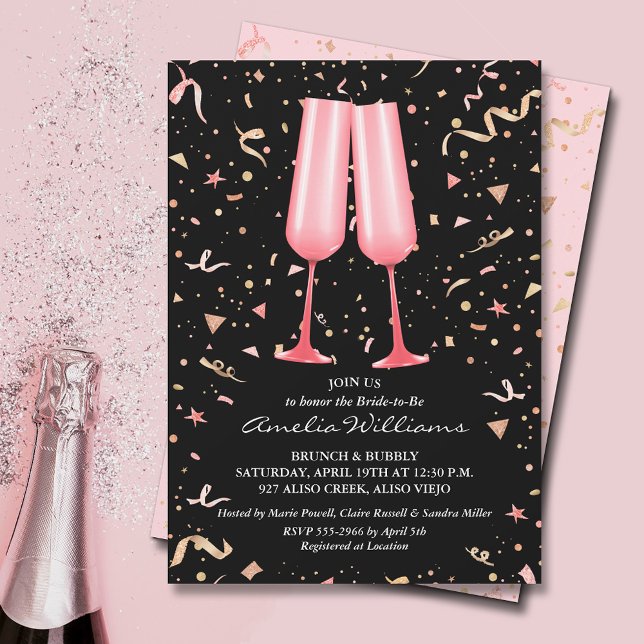 Rosa Champagner-Brautparty Einladung (Pink champagne glasses and streamers on black bridal shower invitations)