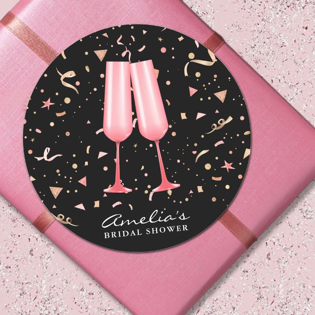 Rosa Champagner Brautparty Klassischer Rundsticker Runder Aufkleber (Pink champagne glasses o black bridal shower 3" round stickers)