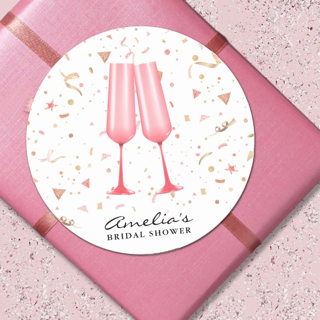 Rosa Champagner-Brautparty Runder Aufkleber (Pink champagne bridal shower 3" round stickers)