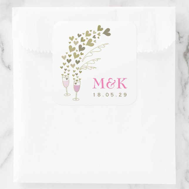 Rosa Champagner Cheers Floating Gold Hearts Weddin Quadratischer Aufkleber (Tasche)