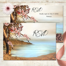 Rosa Cherry Tree Ocean Butterfly Wedding RSVP Card