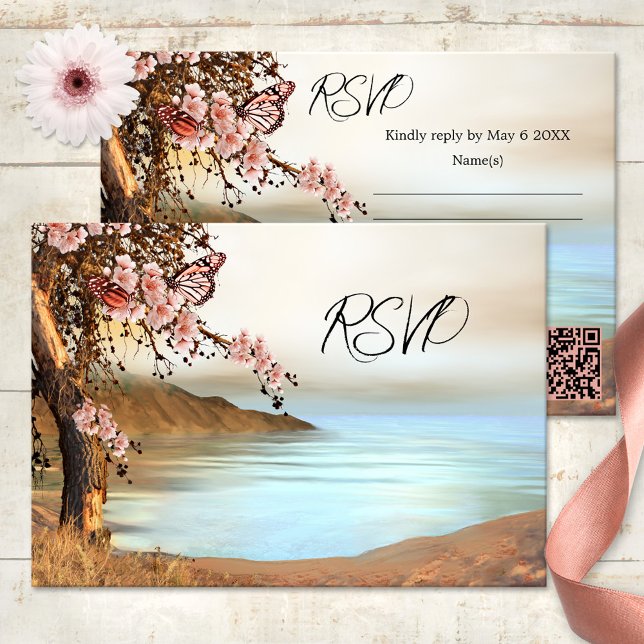 Rosa Cherry Tree Ocean Butterfly Wedding RSVP Card Einladung (Spring wedding RSVP card featuring a cherry tree with pink butterflies at the waterfront)