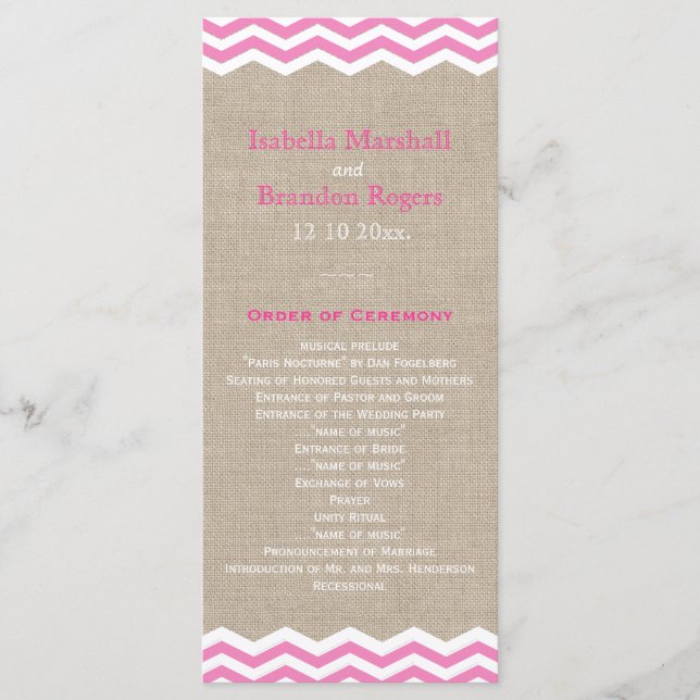 Rosa Chevron auf Jute-Hochzeitsprogramm Programm (Vorderseite)