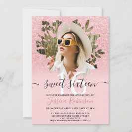 Rosa chic Glitzer ombre Foto Blumenkohl Sweet 16 Einladung