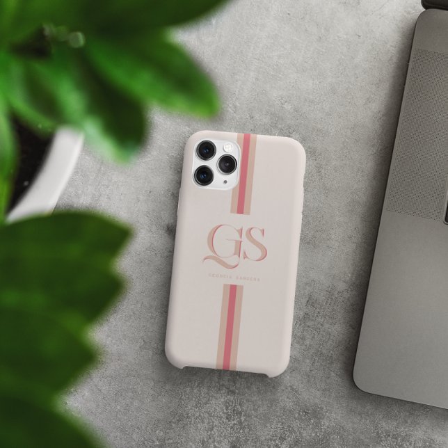 Rosa | Chic Streifen Monogramm iPhone Hülle (Von Creator hochgeladen)