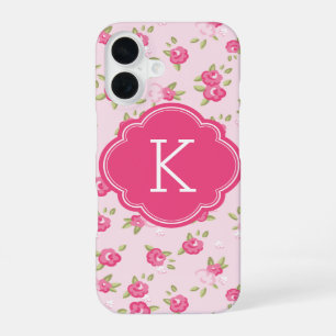 Rosa Chic Vintage Blumenprint Monogramm iPhone 16 Hülle