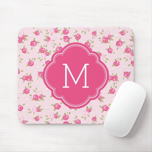 Rosa Chic Vintage Blumenprint Monogramm Mousepad (Mit Mouse)