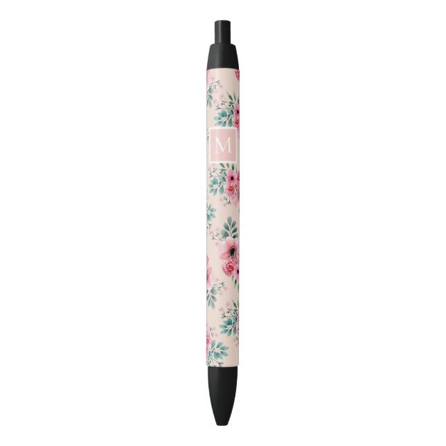 Rosa | Chic Watercolor Floral Monogram Kugelschreiber (Vorderseite Vertikal)