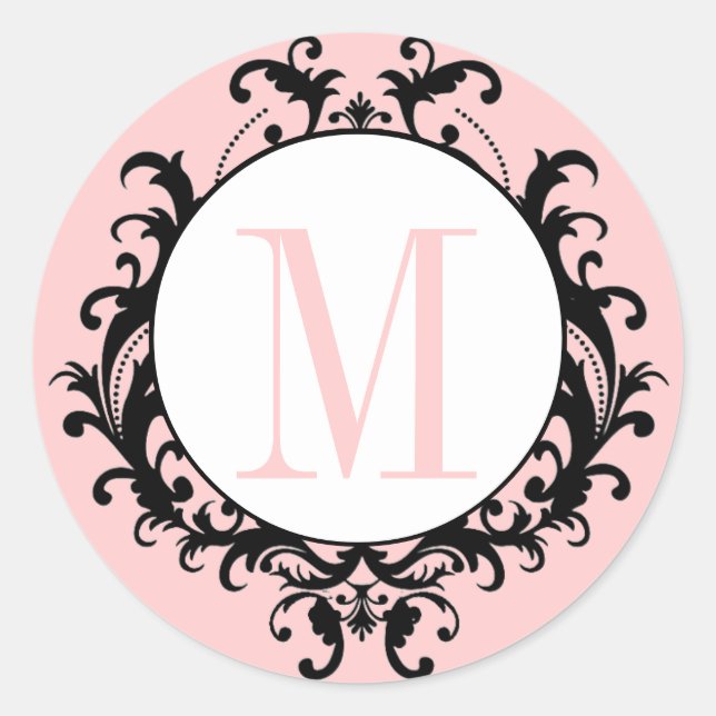 Rosa Chic Wedding Monogram M Damask Label Runder Aufkleber (Vorderseite)
