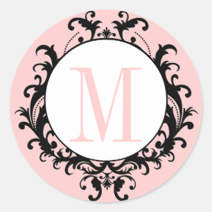 Rosa Chic Wedding Monogram M Damask Label Runder Aufkleber