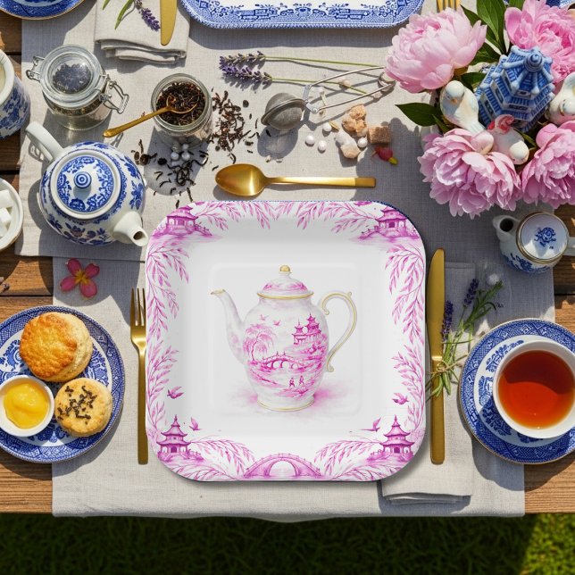 Rosa Chinesische Teekanne Weiden-Pagode Pappteller (Pink Floral Chinoiserie Teapot WIllow pagoda Paper Plates)