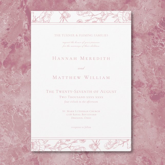 Rosa Chinoiserie Bird Wappen Border Wedding Einladung (Elegant Pink Chinoiserie Bird Crest Border Wedding Invitation)
