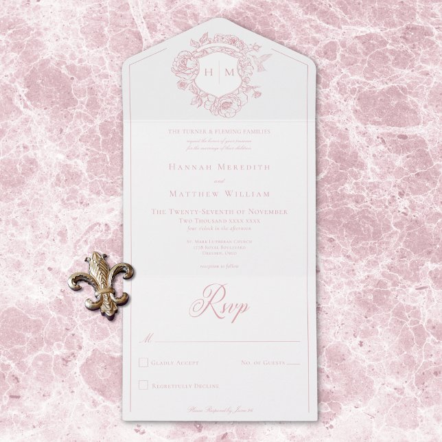 Rosa Chinoiserie Bird Wappen Wedding All In One Einladung (Elegant Pink Chinoiserie Bird Crest Wedding QR All All In One Invitation)