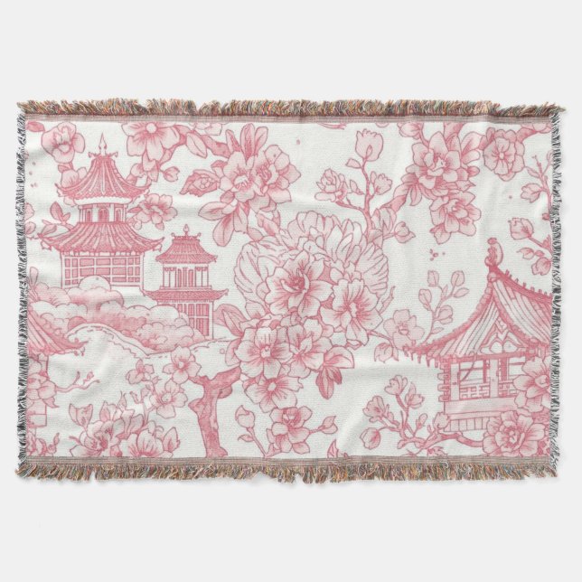 Rosa Chinoiserie-Toile-Drache Kirschblüte Decke (Vorderseite)