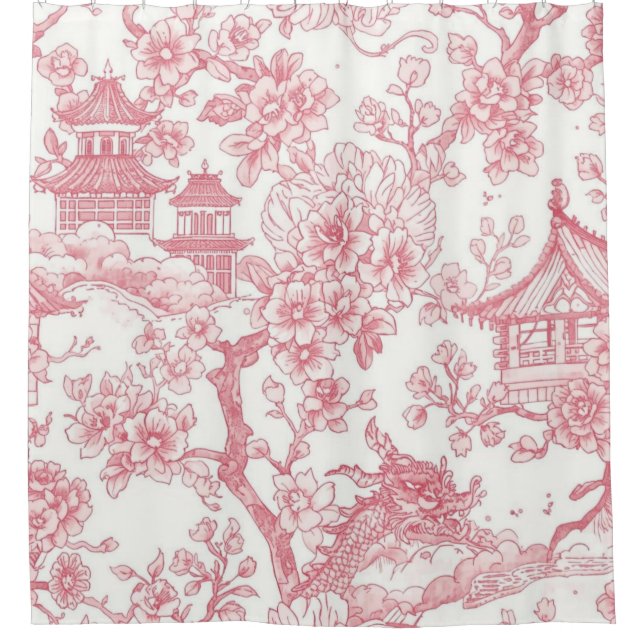 Rosa Chinoiserie-Toile-Drache Kirschblüte Duschvorhang (Vorderseite)