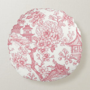 Rosa Chinoiserie-Toile-Drache Kirschblüte Rundes Kissen