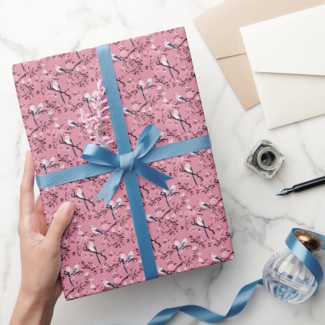 Rosa Chinoiserie Vogelblumendekutsche Geschenkpapier (Schenken)