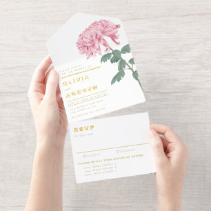 Rosa Chrysanthemen Botanische Hochzeit All-in-One-Einladung