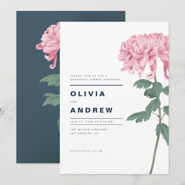 Rosa Chrysanthemum Botanische Probe Abendessen Einladung (Vorne/Hinten)