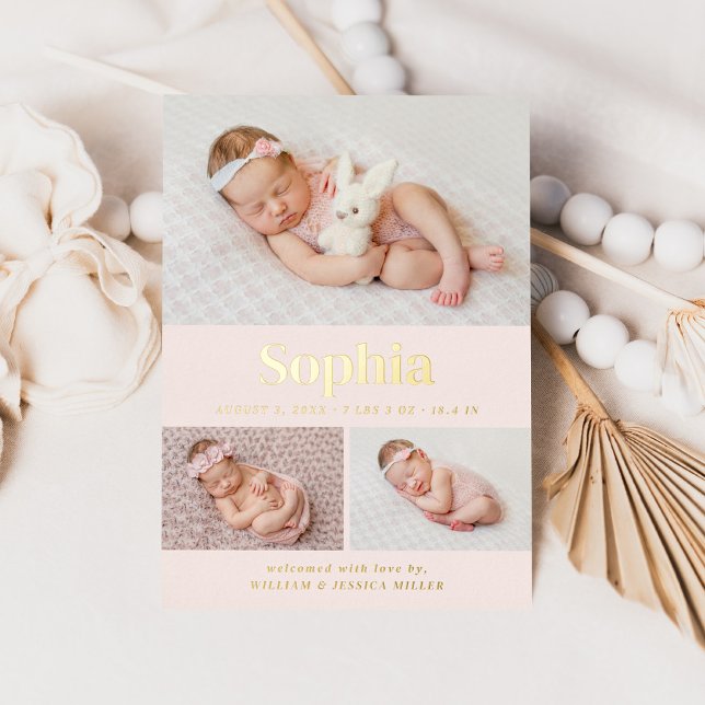 Rosa Classic 3 Foto Collage Geburtserklärung Folieneinladung (Von Creator hochgeladen)