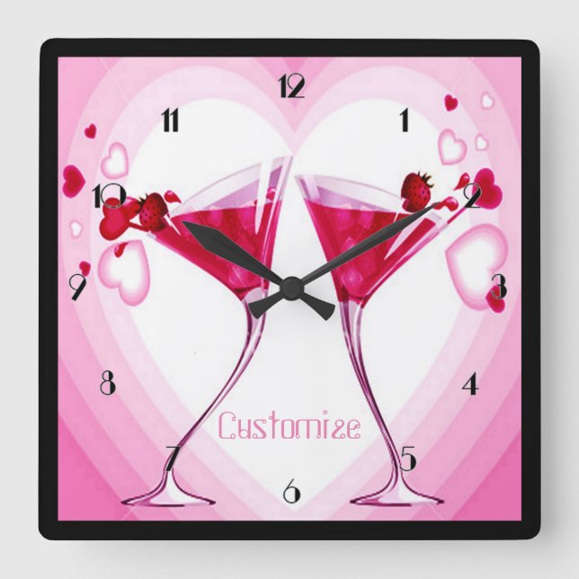 Rosa Cocktail-Glas-Wanduhr Quadratische Wanduhr (Vorderseite)