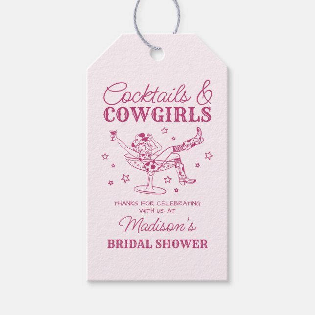 Rosa Cocktails und Cowgirls Brautparty Gefallen Geschenkanhänger (Vorderseite)