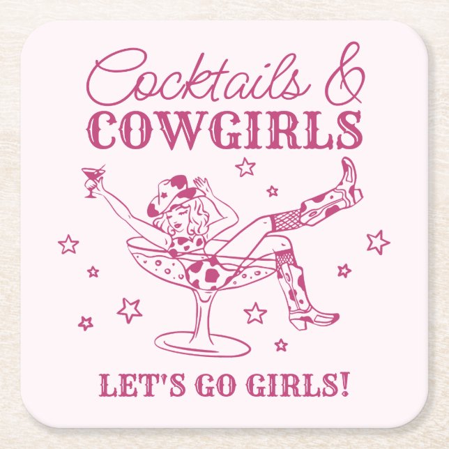 Rosa Cocktails und Cowgirls Rodeo Bachelorette Rechteckiger Pappuntersetzer (Vorderseite)