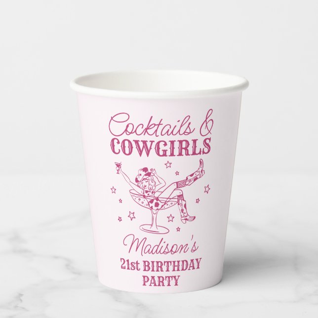 Rosa Cocktails und Cowgirls Rodeo Geburtstag Pappbecher (Rückseite)