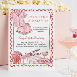 Rosa Cocktails und Pyjama Mädchen Nacht Geburtstag Einladung