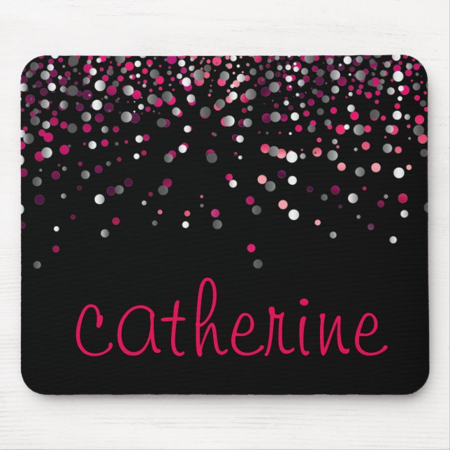 Rosa Confetti Glitzer Schwarze Imitate Mousepad (Vorne)