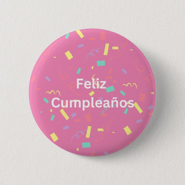 Rosa Confetti Hintergrund Feliz Cumpleaños Button (Vorderseite)