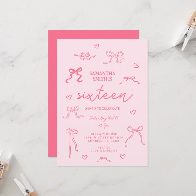 Rosa Coquette 16. Geburtstagsparty Einladung (Vorderseite/Rückseite Beispiel)