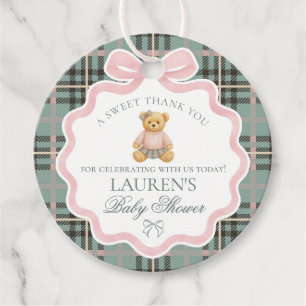 Rosa Coquette-Bär-Tartan-Baby-Party-Kreis Geschenkanhänger