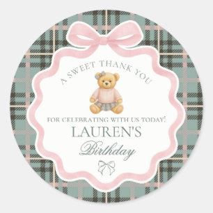 Rosa Coquette-Bogen-Bär-Tartan-Geburtstagsgeschenk Runder Aufkleber
