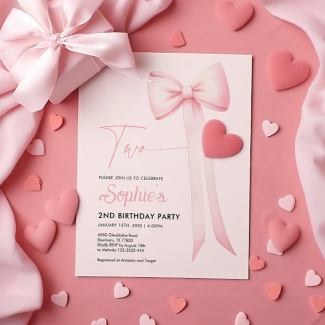 Rosa Coquette Bow 2. Geburtstag Einladung (Von Creator hochgeladen)