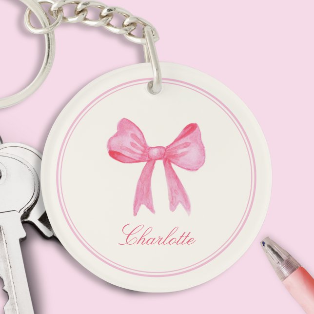 Rosa Coquette Bow Acrylic Schlüsselanhänger (sweet cute pretty girly pink coquette bow keychain with custom name in calligraphy script)