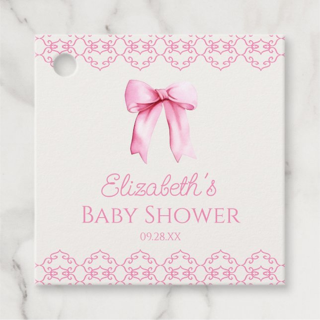Rosa Coquette Bow Babydusche Geschenkanhänger (Vorderseite)