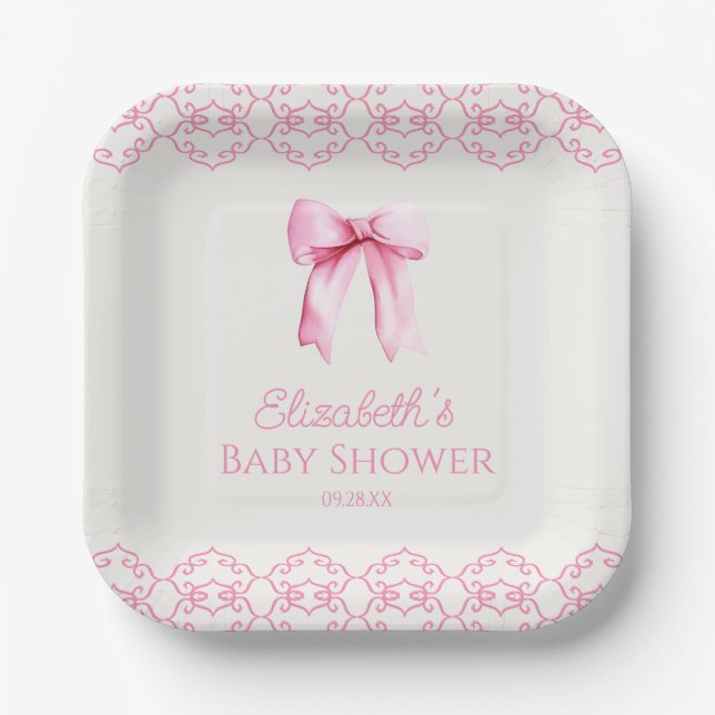 Rosa Coquette Bow Babydusche Pappteller (Vorderseite)