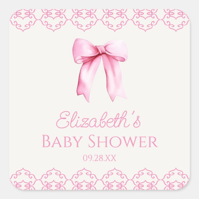 Rosa Coquette Bow Babydusche Quadratischer Aufkleber (Vorderseite)