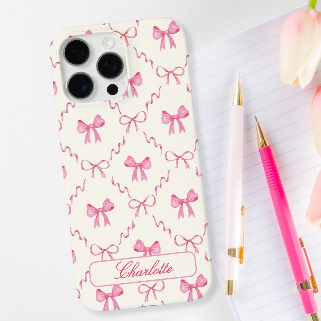 Rosa Coquette Bow Case-Mate iPhone Hülle (personalized cute sweet watercolor pink coquette bow phone case custom name in calligraphy script)