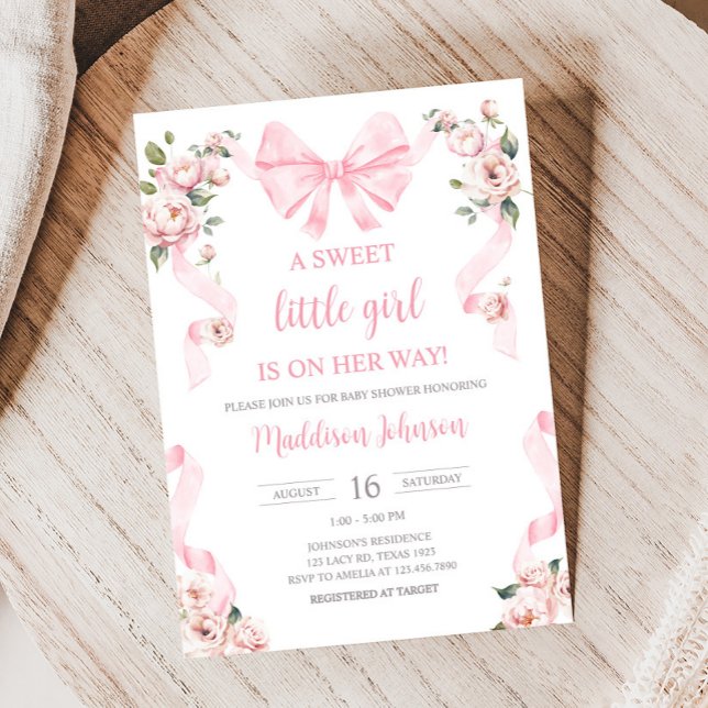 Rosa Coquette Bow Floral Baby Dusche Einladung (Pink Coquette Floral Sweet Little Girl Baby Shower Invitation)