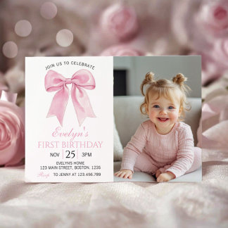 Rosa Coquette Bow Girl Geburtstags-Foto Einladung