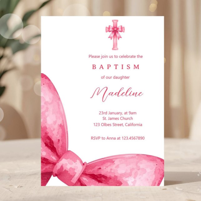 Rosa Coquette Bow Girls Taufe Einladung (bow baptism, pink bow invite, christening girl, baptism girl invite, ribbon, pink, minimal, elegant,)