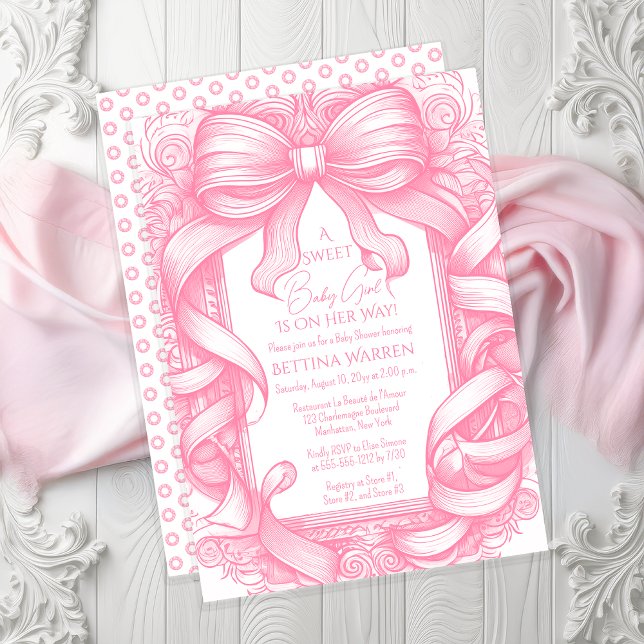 Rosa Coquette Bow Ribbon Toile de Jouy Baby Dusche Einladung (Pink Coquette Bow and Ribbons Toile de Jouy Girl Baby Shower Invitation - Print | Digital Download)