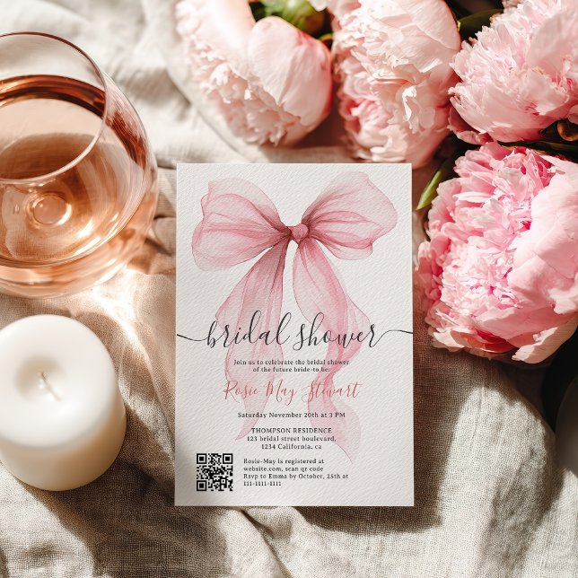 Rosa Coquette Bow Romantisches Qr-Brautparty Einladung (Pink Coquette Bow Romantic Qr code Bridal Shower Invitation)