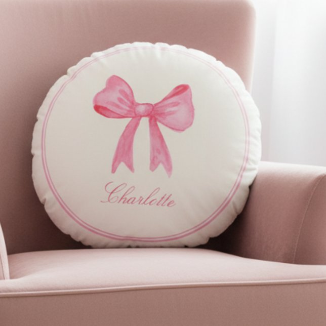 Rosa Coquette Bow Rundes Kissen (cute sweet pink bow round pillow for girly coquette home decor, great gift for teen girls)