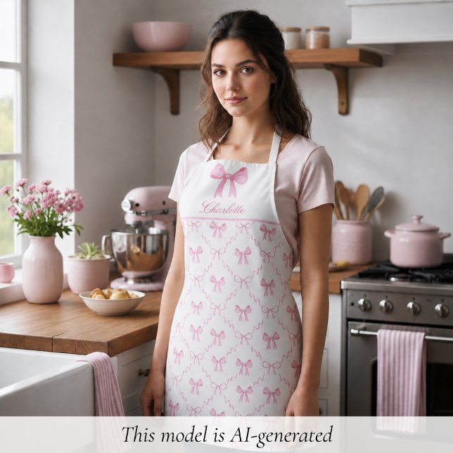 Rosa Coquette Bow-Schürze Schürze (sweet pretty cute coquette pink bow apron, custom name in script calligraphy, personalized gifts)