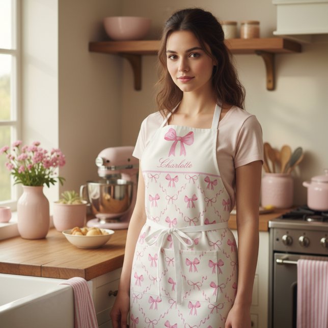 Rosa Coquette Bow-Schürze Schürze (sweet pretty cute coquette pink bow apron, custom name in script calligraphy, personalized gifts)