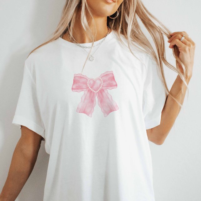 Rosa Coquette Bow T - Shirt (Pink bow on white oversized tee.)