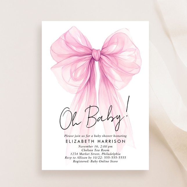 Rosa Coquette Bow Watercolor Girl Dusche Einladung (Celebrate the upcoming arrival of your baby girl with a beautiful baby shower invitation)